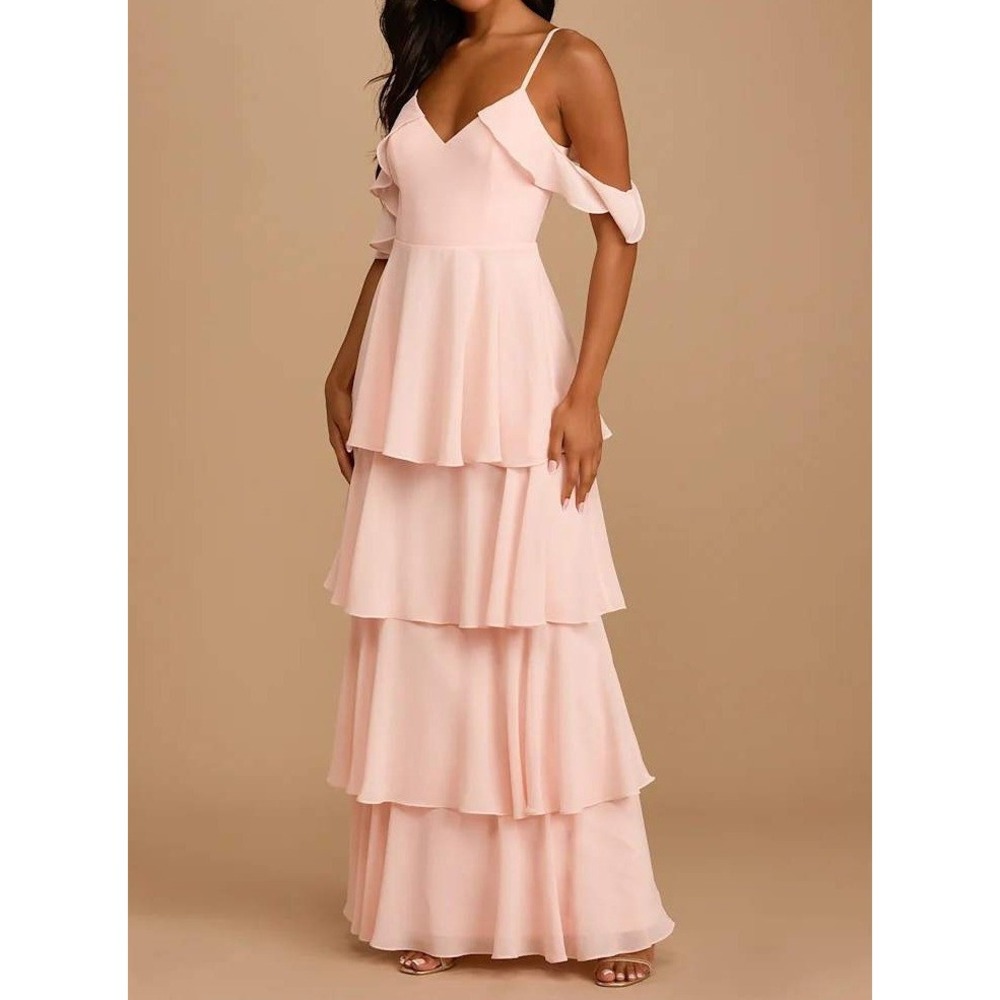NWT Lulus Blush Pink Ruffle Tiered Maxi Dress V-Neck Chiffon Gown size Medium